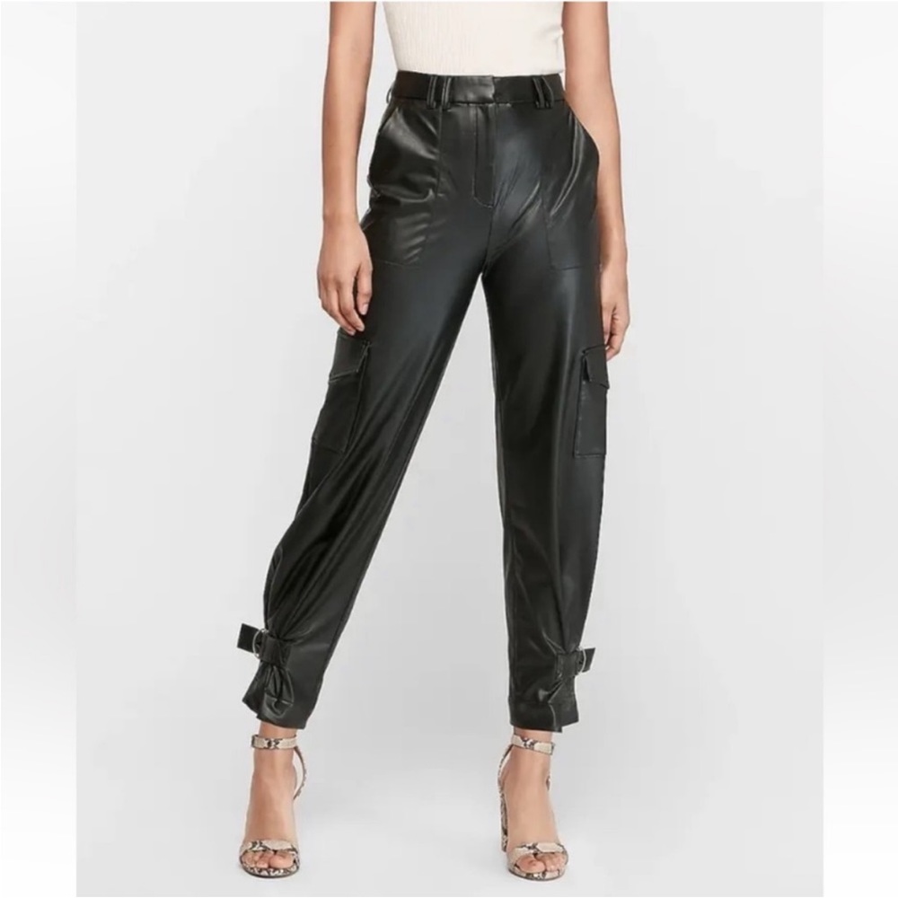 NWOT Express Black Vegan Leather Utility Joggers With Buckle & Pockets